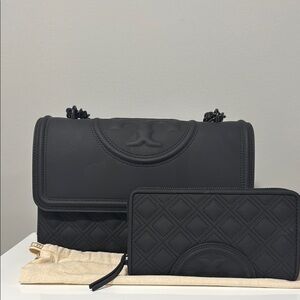 Tory Burch Black Leather Shoulder Bag with Gold Accents